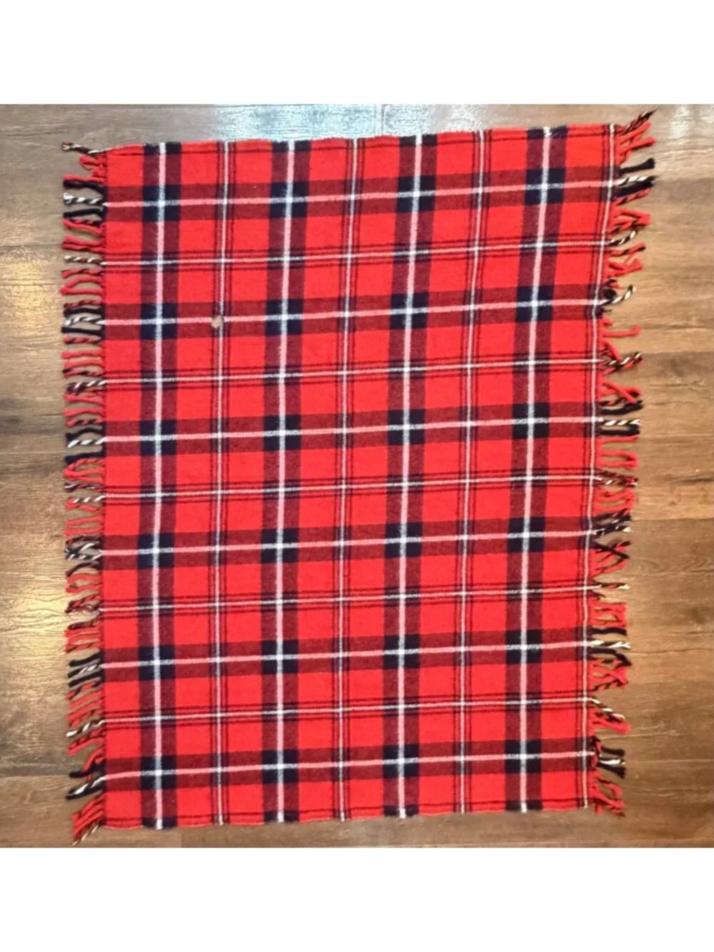 Vintage 1970s Faribo Red & Black Plaid Acrylic Throw Blanket With Fringe - Made